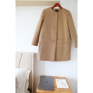 Club Monaco Womens Size S Collarless Three-Button Over Coat Formal Beige Wool